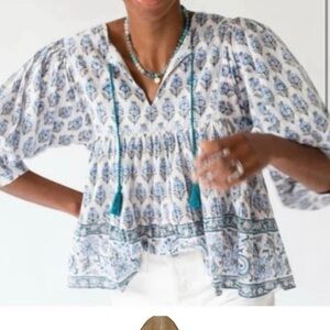 Marea by Liz Joy Blue and White Patterned Blouse